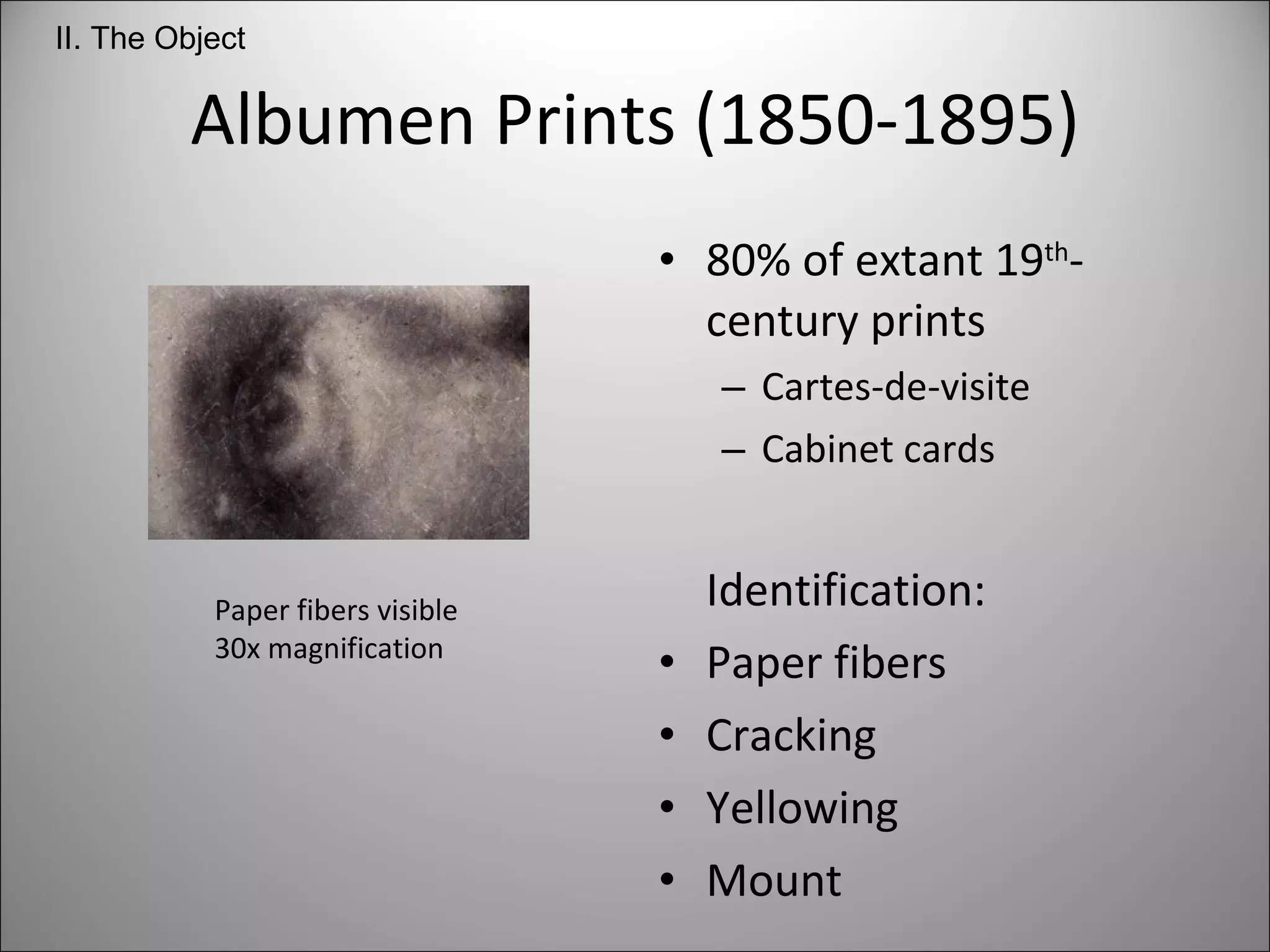Albumen Prints (1850-1895) 80% of extant 19 th -century prints Cartes-de-visite Cabinet cards Identification: Paper fibers Cracking Yellowing Mount Paper fibers visible 30x magnification II. The Object 