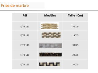 Frise de marbre

           Réf       Modèles   Taille (Cm)


          F/FB 117                30 X 9


          F/FB 131                19 X 5



          F/FB 118                30 X 5



          F/FB 119                30 X 5


          F/FB 121                30 X 5
 