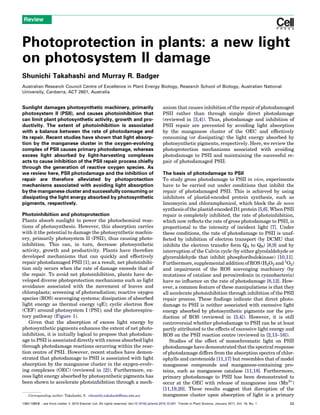 Photoprotection in plants: a new light
on photosystem II damage
Shunichi Takahashi and Murray R. Badger
Australian Research Council Centre of Excellence in Plant Energy Biology, Research School of Biology, Australian National
University, Canberra, ACT 2601, Australia
Sunlight damages photosynthetic machinery, primarily
photosystem II (PSII), and causes photoinhibition that
can limit plant photosynthetic activity, growth and pro-
ductivity. The extent of photoinhibition is associated
with a balance between the rate of photodamage and
its repair. Recent studies have shown that light absorp-
tion by the manganese cluster in the oxygen-evolving
complex of PSII causes primary photodamage, whereas
excess light absorbed by light-harvesting complexes
acts to cause inhibition of the PSII repair process chieﬂy
through the generation of reactive oxygen species. As
we review here, PSII photodamage and the inhibition of
repair are therefore alleviated by photoprotection
mechanisms associated with avoiding light absorption
by the manganese cluster and successfully consuming or
dissipating the light energy absorbed by photosynthetic
pigments, respectively.
Photoinhibition and photoprotection
Plants absorb sunlight to power the photochemical reac-
tions of photosynthesis. However, this absorption carries
with it the potential to damage the photosynthetic machin-
ery, primarily photosystem II (PSII), thus causing photo-
inhibition. This can, in turn, decrease photosynthetic
activity, growth and productivity. Plants have therefore
developed mechanisms that can quickly and effectively
repair photodamaged PSII [1]; as a result, net photoinhibi-
tion only occurs when the rate of damage exceeds that of
the repair. To avoid net photoinhibition, plants have de-
veloped diverse photoprotection mechanisms such as light
avoidance associated with the movement of leaves and
chloroplasts; screening of photoradiation; reactive oxygen
species (ROS) scavenging systems; dissipation of absorbed
light energy as thermal energy (qE); cyclic electron ﬂow
(CEF) around photosystem I (PSI); and the photorespira-
tory pathway (Figure 1).
Given that the absorption of excess light energy by
photosynthetic pigments enhances the extent of net photo-
inhibition, it is initially logical to propose that photodam-
age to PSII is associated directly with excess absorbed light
through photodamage reactions occurring within the reac-
tion centre of PSII. However, recent studies have demon-
strated that photodamage to PSII is associated with light
absorption by the manganese cluster in the oxygen-evolv-
ing complexes (OEC) (reviewed in [2]). Furthermore, ex-
cess light energy absorbed by photosynthetic pigments has
been shown to accelerate photoinhibition through a mech-
anism that causes inhibition of the repair of photodamaged
PSII rather than through simple direct photodamage
(reviewed in [3,4]). Thus, photodamage and inhibition of
PSII repair are prevented by avoiding light absorption
by the manganese cluster of the OEC and effectively
consuming (or dissipating) the light energy absorbed by
photosynthetic pigments, respectively. Here, we review the
photoprotection mechanisms associated with avoiding
photodamage to PSII and maintaining the successful re-
pair of photodamaged PSII.
The basis of photodamage to PSII
To study gross photodamage to PSII in vivo, experiments
have to be carried out under conditions that inhibit the
repair of photodamaged PSII. This is achieved by using
inhibitors of plastid-encoded protein synthesis, such as
lincomycin and chloramphenicol, which block the de novo
synthesis of the plastid-encoded D1 protein [5,6]. When PSII
repair is completely inhibited, the rate of photoinhibition,
which now reﬂects the rate of gross photodamage to PSII, is
proportional to the intensity of incident light [7]. Under
these conditions, the rate of photodamage to PSII is unaf-
fected by inhibition of electron transport (by DCMU that
inhibits the electron transfer form QA to QB) [8,9] and by
interruption of the Calvin cycle (by either glycolaldehyde or
glyceraldehyde that inhibit phosphoribulokinase) [10,11].
Furthermore, supplemental addition of ROS (H2O2 and 1
O2)
and impairment of the ROS scavenging machinery (by
mutations of catalase and peroxiredoxin in cyanobacteria)
have no inﬂuence on the rate of photodamage [8,12]. How-
ever, a common feature of these manipulations is that they
all accelerate photoinhibition through inhibition of the PSII
repair process. These ﬁndings indicate that direct photo-
damage to PSII is neither associated with excessive light
energy absorbed by photosynthetic pigments nor the pro-
duction of ROS (reviewed in [3,4]). However, it is still
controversial whether photodamage to PSII can be at least
partly attributed to the effects of excessive light energy and
ROS on the PSII reaction centre (reviewed in [2,13–16]).
Studies of the effect of monochromatic light on PSII
photodamage have demonstrated that the spectral response
of photodamage differs from the absorption spectra of chlor-
ophylls and carotenoids [11,17] but resembles that of model
manganese compounds and manganese-containing pro-
teins, such as manganese catalase [11,18]. Furthermore,
primary photodamage to PSII has been demonstrated to
occur at the OEC with release of manganese ions (Mn2+
)
[11,19,20]. These results suggest that disruption of the
manganese cluster upon absorption of light is a primary
Review
Corresponding author: Takahashi, S. (shunichi.takahashi@anu.edu.au)
1360-1385/$ – see front matter ß 2010 Elsevier Ltd. All rights reserved. doi:10.1016/j.tplants.2010.10.001 Trends in Plant Science, January 2011, Vol. 16, No. 1 53
 