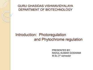 Introduction: Photoregulation
and Phytochrome regulation
GURU GHASIDAS VISHWAVIDYALAYA
DEPARTMENT OF BIOTECHNOLOGY
PRESENTED BY,
RAHUL KUMAR GOSWAMI
M.Sc.3rd semester
 