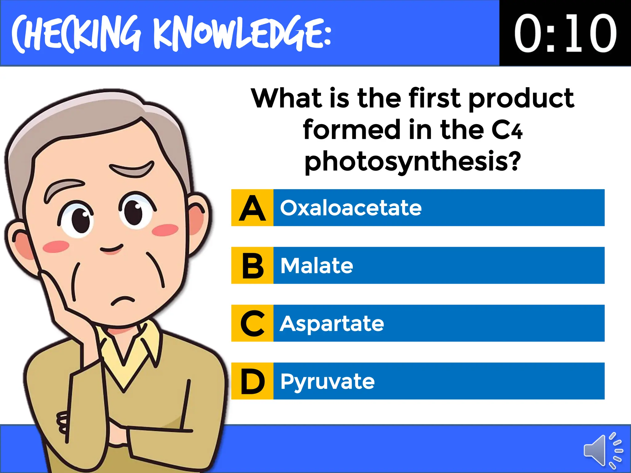 Checking KNOWLEDGE:
What is the first product
formed in the C4
photosynthesis?
Oxaloacetate
A
Malate
B
Aspartate
C
Pyruvate
D
 