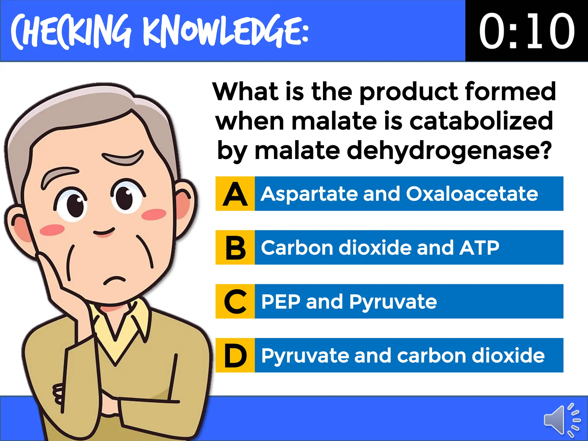 Checking KNOWLEDGE:
What is the product formed
when malate is catabolized
by malate dehydrogenase?
Aspartate and Oxaloacetate
A
Carbon dioxide and ATP
B
PEP and Pyruvate
C
Pyruvate and carbon dioxide
D
 