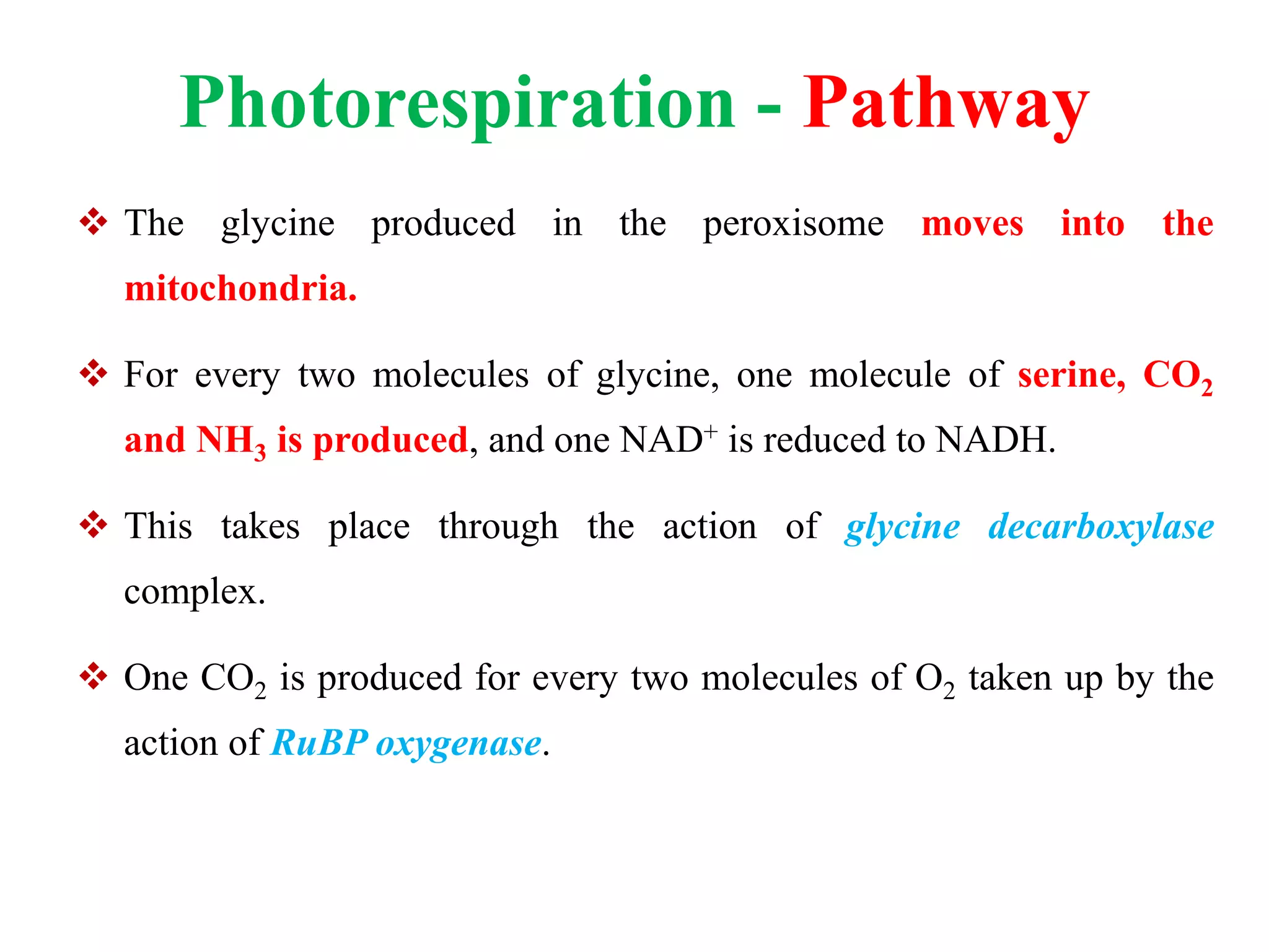 Photorespiration - Pathway
 The glycine produced in the peroxisome moves into the
mitochondria.
 For every two molecules of glycine, one molecule of serine, CO2
and NH3 is produced, and one NAD+ is reduced to NADH.
 This takes place through the action of glycine decarboxylase
complex.
 One CO2 is produced for every two molecules of O2 taken up by the
action of RuBP oxygenase.
 