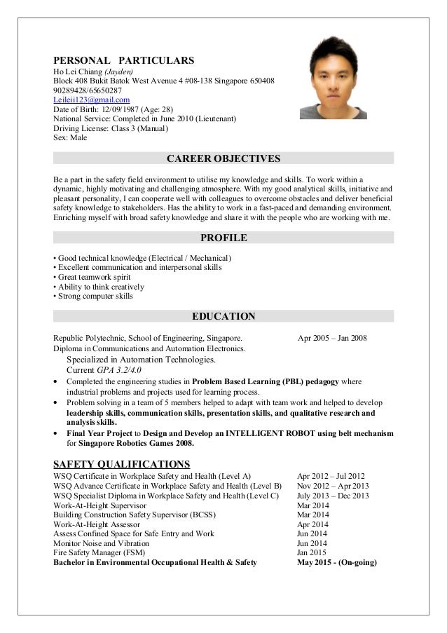 resume format for singapore