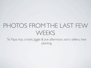 PHOTOS FROM THE LAST FEW
         WEEKS
 Te Papa trip, cricket, Jiggle & Jive afternoon, story tellers, tree
                               planting
 