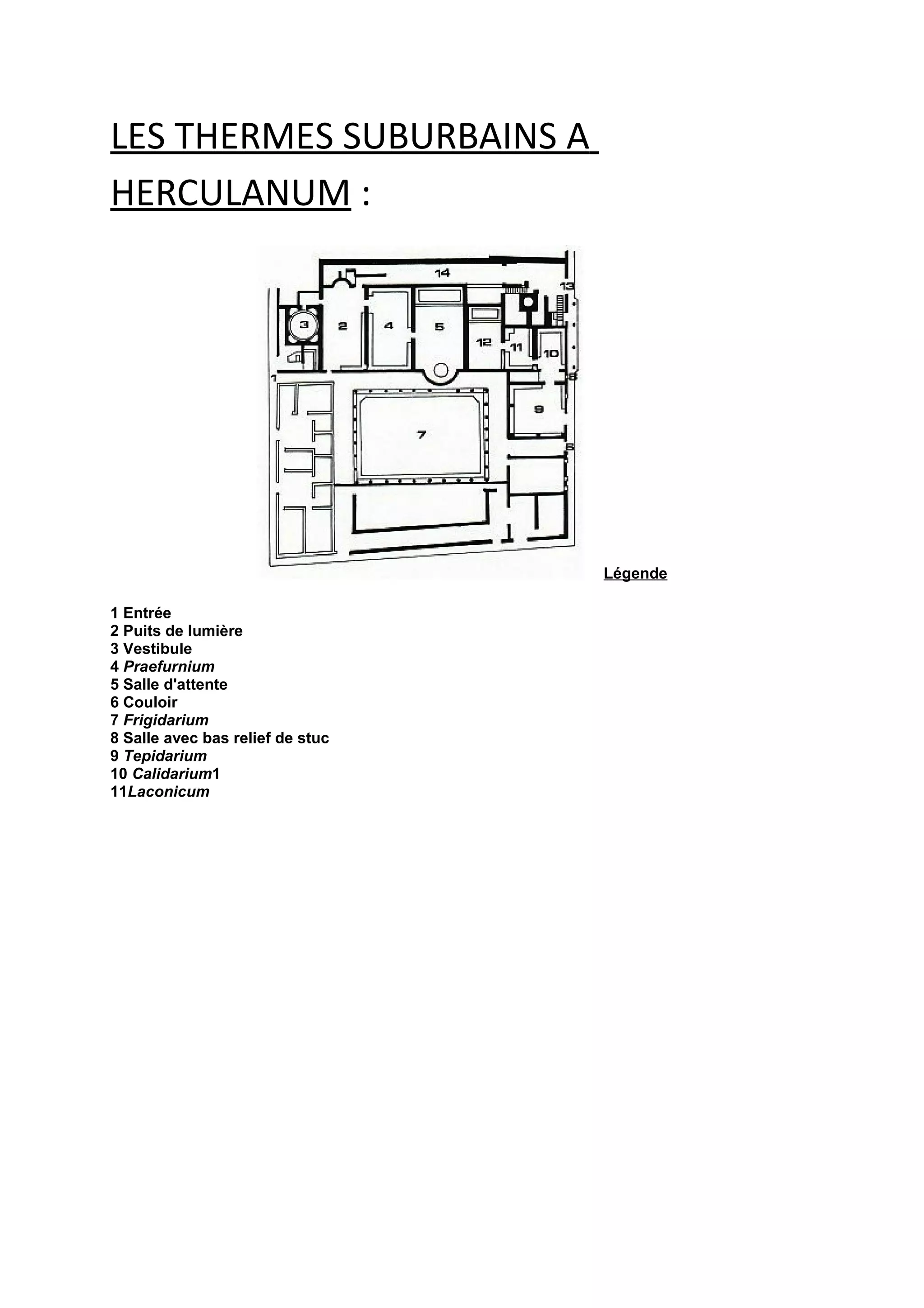 LES THERMES SUBURBAINS A
HERCULANUM :
Légende
1 Entrée
2 Puits de lumière
3 Vestibule
4 Praefurnium
5 Salle d'attente
6 Couloir
7 Frigidarium
8 Salle avec bas relief de stuc
9 Tepidarium
10 Calidarium1
11Laconicum