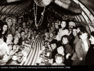 London, England, children celebrating Christmas in a bomb shelter, 1940.
 