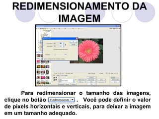 REDIMENSIONAMENTO DA
         IMAGEM




      Para redimensionar o tamanho das imagens,
clique no botão             . Você pode definir o valor
de pixels horizontais e verticais, para deixar a imagem
em um tamanho adequado.
 