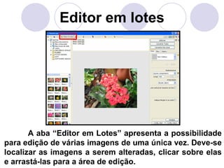Editor em lotes




       A aba “Editor em Lotes” apresenta a possibilidade
para edição de várias imagens de uma única vez. Deve-se
localizar as imagens a serem alteradas, clicar sobre elas
e arrastá-las para a área de edição.
 