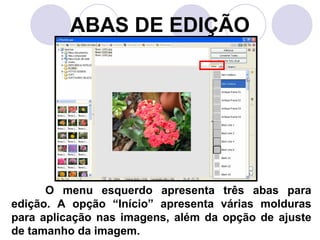 ABAS DE EDIÇÃO




      O menu esquerdo apresenta três abas para
edição. A opção “Início” apresenta várias molduras
para aplicação nas imagens, além da opção de ajuste
de tamanho da imagem.
 