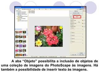 A aba “Objeto” possibilita a inclusão de objetos de
uma coleção de imagens do PhotoScape às imagens. Há
também a possibilidade de inserir texto às imagens.
 