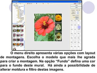 O menu direito apresenta várias opções com layout
de montagens. Escolha o modelo que mais lhe agrada
para criar a montagem. Na opção “Fundo” defina uma cor
para o fundo deste mural. Há ainda a possibilidade de
alterar moldura e filtro destas imagens.
 