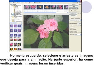 No menu esquerdo, selecione e arraste as imagens
que deseja para a animação. Na parte superior, há como
verificar quais imagens foram inseridas.
 