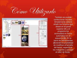Cómo Utilizarlo   También es posible
                confeccionar murales.
                 Simplemente deberá
               añadir los ficheros que
                   desee en el panel
                    superior (1) y el
                      programa los
                 acomodará en forma
                    automática en el
                  esquema (2). En la
                barra de herramientas
               (3) tendrá la posibilidad
               de modificar el tamaño
                del lienzo, especificar
              los márgenes y escoger
                   el color de fondo.
 
