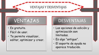 VENTAJAS
• Es gratuito.
• Fácil de usar.
• Te permite visualizar,
editar, optimizar y crear.
DESVENTAJAS
• Las opciones de edición y
optimización son
limitadas.
• Es algo “antiguo”.
• El soporte de ayuda no
aparece traducido.
VENTAJAS Y DESVENTAJAS