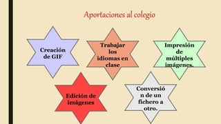 Aportaciones al colegio
Trabajar
los
idiomas en
clase
Impresión
de
múltiples
imágenes.
Conversió
n de un
fichero a
otro.
Creación
de GIF
Edición de
imágenes
 