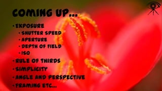 Coming up…
• Exposure
• Shutter Speed
• Aperture
• Depth of Field
• ISO

• Rule of thirds
• Simplicity
• Angle and perspective
• Framing etc…

 