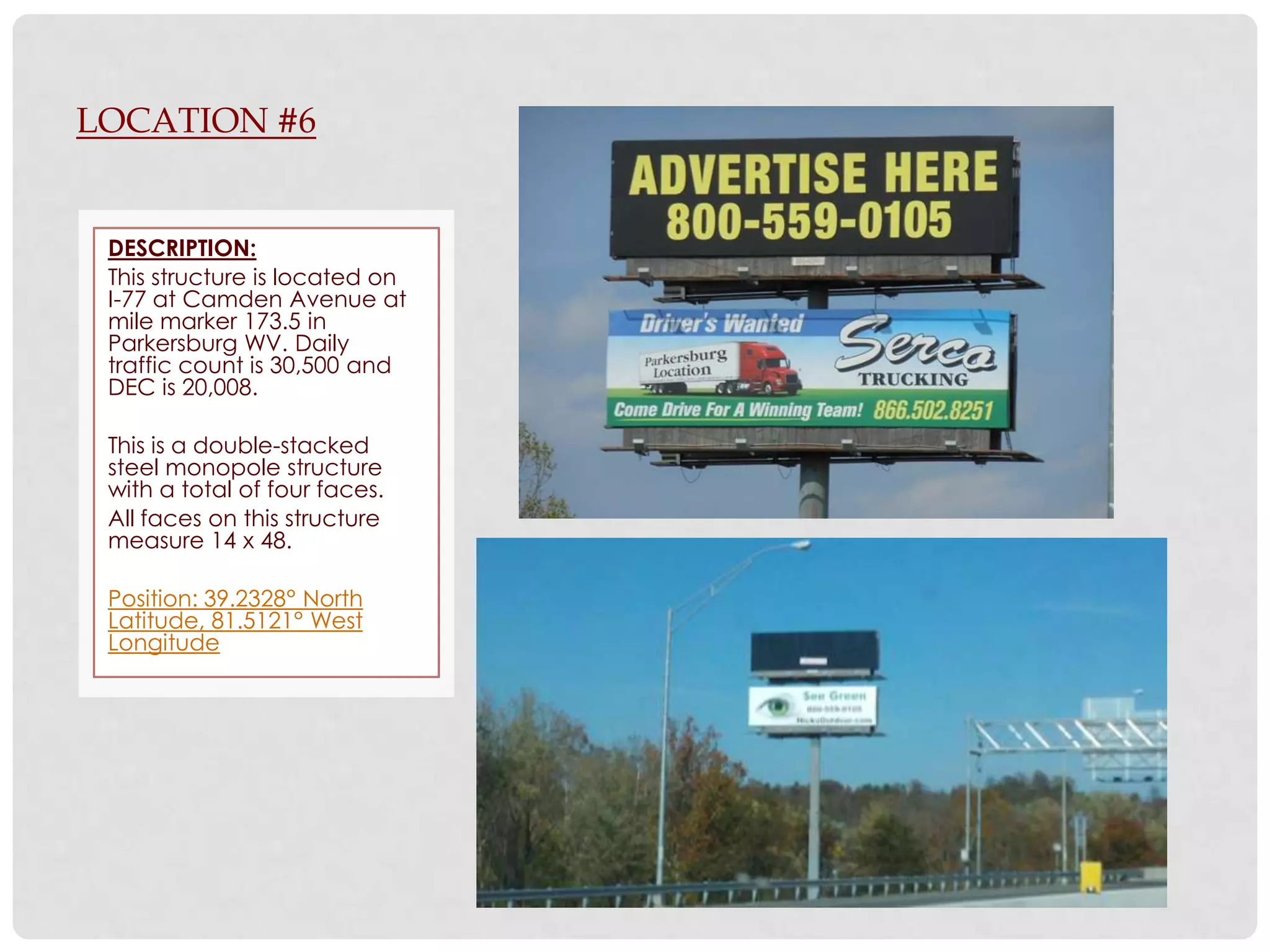 LOCATION #6


 DESCRIPTION:
 This structure is located on
 I-77 at Camden Avenue at
 mile marker 173.5 in
 Parkersburg WV. Daily
 traffic count is 30,500 and
 DEC is 20,008.

 This is a double-stacked
 steel monopole structure
 with a total of four faces.
 All faces on this structure
 measure 14 x 48.

 Position: 39.2328° North
 Latitude, 81.5121° West
 Longitude
 