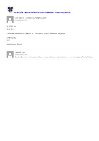 Unit G321 – Foundation Portfolio in Media – Photo-shoot Plan
 