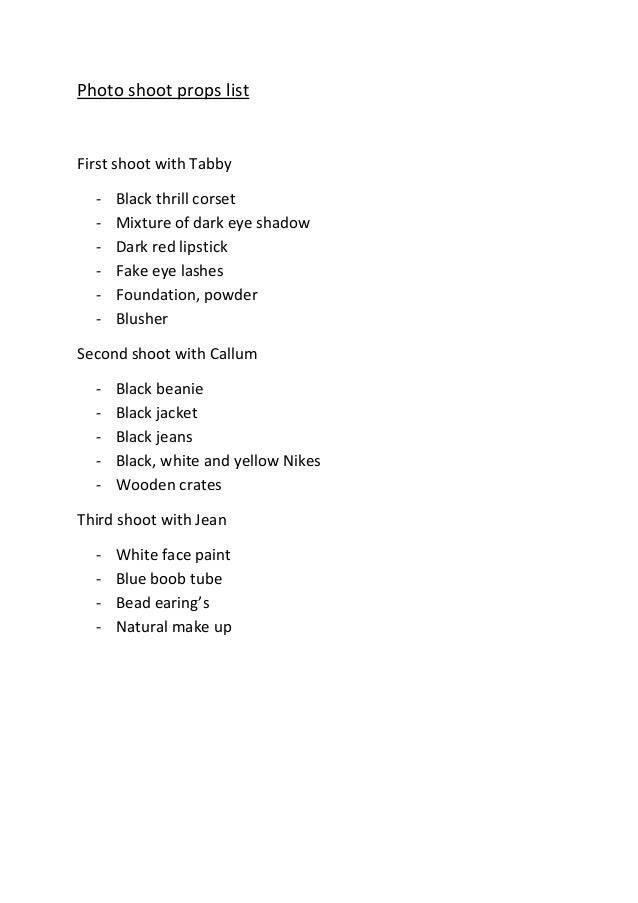 Photo shoot props list
