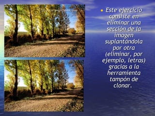 Este ejercicio consiste en eliminar una sección de la imagen suplantándola por otra (eliminar, por ejemplo, letras) gracias a la herramienta tampón de clonar.  