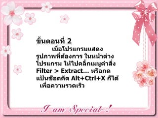 ขั้นตอนที่  2 เมื่อโปรแกรมแสดงรูปภาพที่ต้องการ ในหน้าต่างโปรแกรม ให้ไปคลิ้กเมนูคำสั่ง   Filter > Extract…  หรือกดแป้นช็อตคัต  Alt+Ctrl+X  ก็ได้  เพื่อความรวดเร็ว   