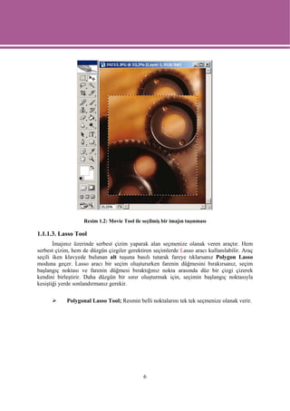Resim 1.2: Movie Tool ile seçilmiş bir imajın taşınması

1.1.1.3. Lasso Tool
       İmajınız üzerinde serbest çizim yaparak alan seçmenize olanak veren araçtır. Hem
serbest çizim, hem de düzgün çizgiler gerektiren seçimlerde Lasso aracı kullanılabilir. Araç
seçili iken klavyede bulunan alt tuşuna basılı tutarak fareye tıklarsanız Polygon Lasso
moduna geçer. Lasso aracı bir seçim oluştururken farenin düğmesini bırakırsanız, seçim
başlangıç noktası ve farenin düğmesi bıraktığınız nokta arasında düz bir çizgi çizerek
kendini birleştirir. Daha düzgün bir sınır oluşturmak için, seçimin başlangıç noktasıyla
kesiştiği yerde sonlandırmanız gerekir.

            Polygonal Lasso Tool; Resmin belli noktalarını tek tek seçmenize olanak verir.




                                             6
 