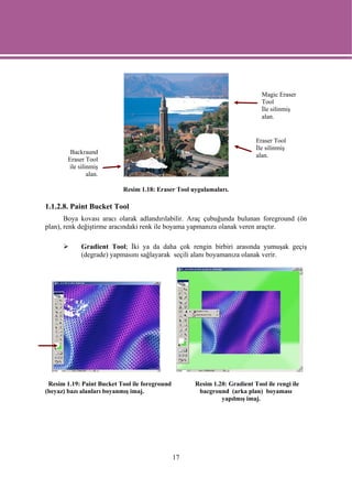 Magic Eraser
                                                                              Tool
                                                                              İle silinmiş
                                                                              alan.


                                                                           Eraser Tool
                                                                           İle silinmiş
         Backraund
                                                                           alan.
        Eraser Tool
        ile silinmiş
                alan.

                           Resim 1.18: Eraser Tool uygulamaları.

1.1.2.8. Paint Bucket Tool
       Boya kovası aracı olarak adlandırılabilir. Araç çubuğunda bulunan foreground (ön
plan), renk değiştirme aracındaki renk ile boyama yapmanıza olanak veren araçtır.

             Gradient Tool; İki ya da daha çok rengin birbiri arasında yumuşak geçiş
             (degrade) yapmasını sağlayarak seçili alanı boyamanıza olanak verir.




 Resim 1.19: Paint Bucket Tool ile foreground        Resim 1.20: Gradient Tool ile rengi ile
(beyaz) bazı alanları boyanmış imaj.                  bacground (arka plan) boyaması
                                                              yapılmış imaj.




                                                17
 