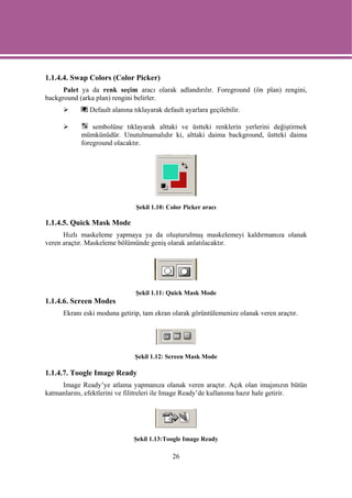 1.1.4.4. Swap Colors (Color Picker)
      Palet ya da renk seçim aracı olarak adlandırılır. Foreground (ön plan) rengini,
background (arka plan) rengini belirler.
               Default alanına tıklayarak default ayarlara geçilebilir.

                sembolüne tıklayarak alttaki ve üstteki renklerin yerlerini değiştirmek
            mümkünüdür. Unutulmamalıdır ki, alttaki daima background, üstteki daima
            foreground olacaktır.




                                Şekil 1.10: Color Picker aracı

1.1.4.5. Quick Mask Mode
      Hızlı maskeleme yapmaya ya da oluşturulmuş maskelemeyi kaldırmanıza olanak
veren araçtır. Maskeleme bölümünde geniş olarak anlatılacaktır.




                                Şekil 1.11: Quick Mask Mode
1.1.4.6. Screen Modes
      Ekranı eski moduna getirip, tam ekran olarak görüntülemenize olanak veren araçtır.




                               Şekil 1.12: Screen Mask Mode

1.1.4.7. Toogle Image Ready
     Image Ready’ye atlama yapmanıza olanak veren araçtır. Açık olan imajınızın bütün
katmanlarını, efektlerini ve filitreleri ile Image Ready’de kullanıma hazır hale getirir.




                               Şekil 1.13:Toogle Image Ready

                                             26
 