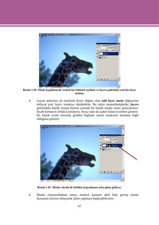 Resim 1.42: Mask uygulanacak resmin bir bölümü seçilmiş ve layers paletinde yeni bir layer
                                       açılmış.

          Layers paletinin alt tarafında ikinci düğme olan add layer mask düğmesine
          tıklayıp yeni layerı maskeye dönüştürün. Bu işlem tamamlandığında, layers
          paletindeki küçük resmin hemen yanında bir küçük maske resmi göreceksiniz.
          Siyah katmanın örtülü kısımlarını, beyaz alan da açıkta kalan kısımları gösterir.
          İki küçük resim arasında görülen bağlantı işareti maskenin katmana bağlı
          olduğunu gösterir.




           Resim 1.43: Maske zürafa ile birlikte kopyalanan arka planı gizliyor.

          Maske oluşturulduktan sonra, maskeli katmanı aktif hale getirip maske
          ikonunun üzerine tıklayarak işlem yapmaya başlayabilirsiniz.

                                            47
 