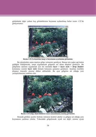 görüntünün diğer yabani kuş görüntülerinin boyutuna uydurulmuş halini resim 1.52’de
görüyorsunuz.




             Resim 1.52:Yerleştirilen imaj ve boyutunun ayarlanmış görüntüsü.
       Bu işlemlerden sonra martıya gölge vermemiz gerekiyor. Bunun için ışığın sağ üstten
geldiğini bildiğimizde, imaja uygulanacak gölgenin sol altına düşmesi gerekiyor. Bu
gölgeleme işlemini uygulamak için üst menüden layer > layer style > drop shadow
komutunu vererek layer style iletişim kutusunu açmamız gerekiyor. Ayarlara özellikle
distance (mesafe) ayarına dikkat edilmelidir. Bu ayar gölgenin ait olduğu yere
yerleştirilmesine yardımcı olur.




           Resim 1.53:Gölge düşürüldükten sonra tamamlanmış montaj görüntüsü.
     Ekranda görülen ayarlar öteleme mitranını kontrol ederler ve gölgeyi ait olduğu yere
koymanıza yardımcı olurlar. Yukarıdaki gölgelemede siyah ton değil, zemine uyum


                                           58
 