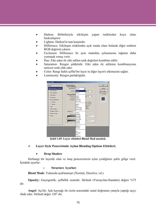 •     Darken: Birbirleriyle etkileşim yapan renklerden koyu olanı
                   baskınlaştırır.
             •     Lighten: Darken'in tam karşıtıdır.
             •     Difference: Etkileşen renklerden açık tonda olanı bularak diğer renkten
                   RGB değerini çıkarır.
             •     Exclusion: Difference ile aynı mantıkta çalışmasına rağmen daha
                   yumuşak sonuç verir.
             •     Hue: Etki eden ile etki edilen renk değerleri kombine edilir.
             •     Saturation: Rengin şiddetidir. Etki eden ile edilenin kombinasyonu
                   neticesi renk elde eder.
             •     Color: Rengi farklı şeffaf bir layer in diğer layer'e etkimesini sağlar.
             •     Luminosity: Rengin parlaklığıdır.




                       Şekil 1.49: Layer efektleri Blend Mod menüsü.

             Layer Style Pencerisinde Açılan Blending Options Efektleri;

             •     Drop Shadow
      Herhangi bir layerde olan ve imaj penceremizin içine çizdiğimiz şekle gölge verir.
İçindeki ayarlar:
                  o      Structure Ayarları
       Blend Mode: Yukarıda açıklanmıştı (Normal, Dissolve, vd.).

       Opacity: Geçirgenlik, şeffaflık oranıdır. Default (Varsayılan-Standart) değeri %75
dir.

       Angel: Açı'dır. Işık kaynağı ile cisim arasındaki sanal doğrunun yatayla yaptığı açıyı
ifade eder. Default değer 120° dir.

                                              70
 