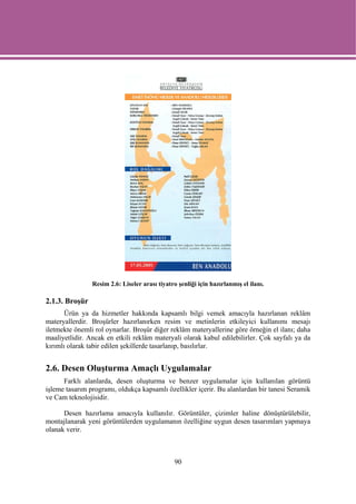Resim 2.6: Liseler arası tiyatro şenliği için hazırlanmış el ilanı.

2.1.3. Broşür
       Ürün ya da hizmetler hakkında kapsamlı bilgi vemek amacıyla hazırlanan reklâm
materyallerdir. Broşürler hazırlanırken resim ve metinlerin etkileyici kullanımı mesajı
iletmekte önemli rol oynarlar. Broşür diğer reklâm materyallerine göre örneğin el ilanı; daha
maaliyetlidir. Ancak en etkili reklâm materyali olarak kabul edilebilirler. Çok sayfalı ya da
kırımlı olarak tabir edilen şekillerde tasarlanıp, basılırlar.


2.6. Desen Oluşturma Amaçlı Uygulamalar
      Farklı alanlarda, desen oluşturma ve benzer uygulamalar için kullanılan görüntü
işleme tasarım programı, oldukça kapsamlı özellikler içerir. Bu alanlardan bir tanesi Seramik
ve Cam teknolojisidir.

      Desen hazırlama amacıyla kullanılır. Görüntüler, çizimler haline dönüştürülebilir,
montajlanarak yeni görüntülerden uygulamanın özelliğine uygun desen tasarımları yapmaya
olanak verir.



                                                90
 