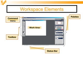 Workspace Elements
Work Area
Toolbox
Palettes
Status Bar
Command
menu
 