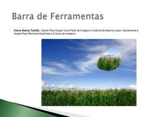  Clone Stamp Tool(S) - Serve Para Copiar Uma Parte da Imagem e Colá-la Na Mesma Layer. Geralmente é
Usada Para Remover Espinhas e Cravos de Imagens
 