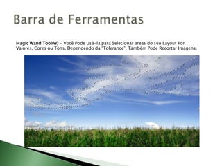 Magic Wand Tool(W) - Você Pode Usá-la para Selecionar areas do seu Layout Por
Valores, Cores ou Tons, Dependendo da “Tolerance”. Também Pode Recortar Imagens.
 