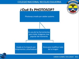 ¿Qué Es PHOTOSOP?
Photosop creado por adobe systems
Usada en la mayoría por
empresarios y diseñadores
Sirve para modificar todo
de la imagen
Es una de las herramientas
para tratar imágenes mas
popular del momento
 