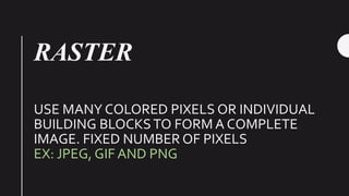 RASTER
USE MANY COLORED PIXELS OR INDIVIDUAL
BUILDING BLOCKSTO FORM A COMPLETE
IMAGE. FIXED NUMBER OF PIXELS
EX: JPEG, GIF AND PNG
 