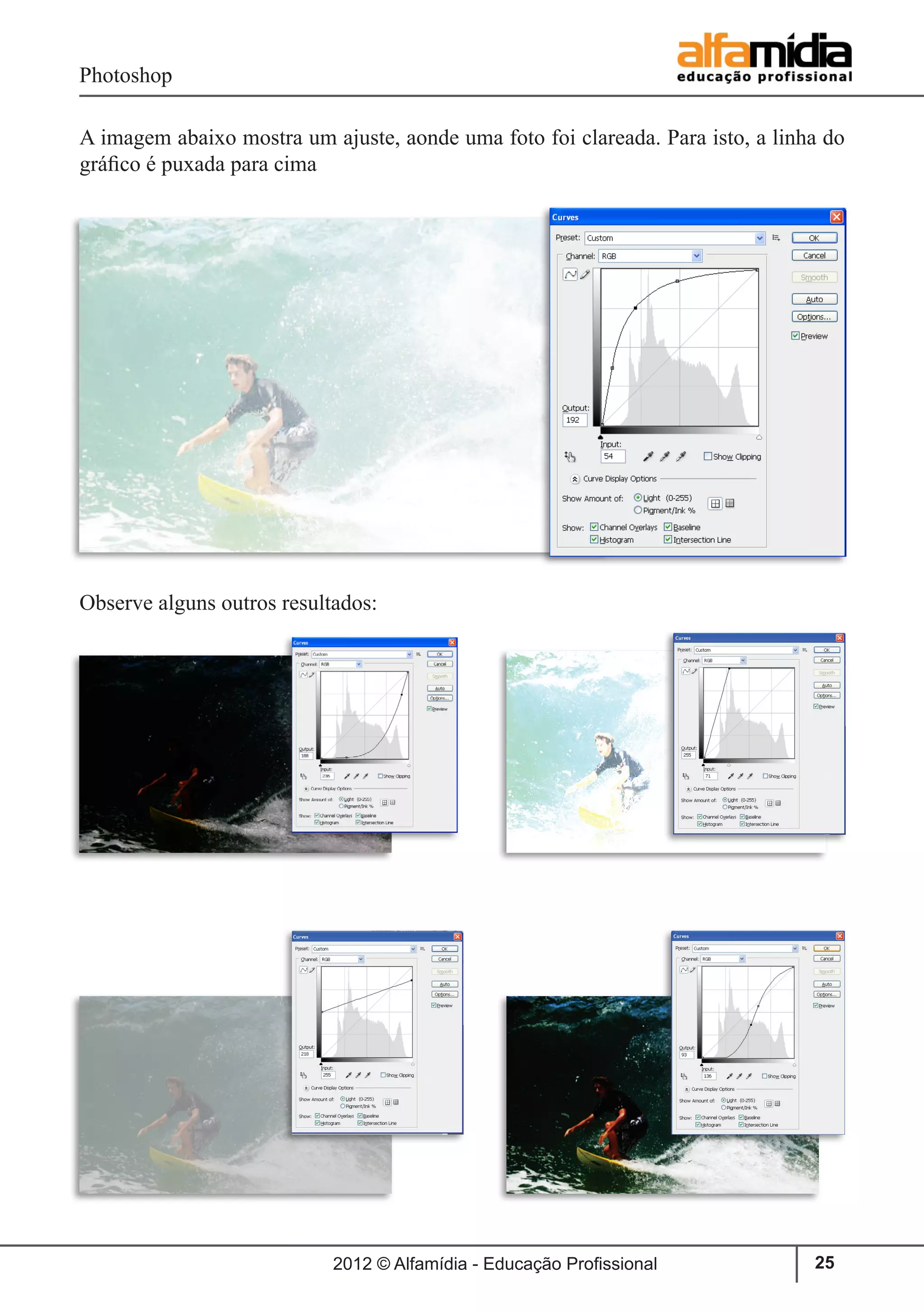 Photoshop
2012 © Alfamídia - Educação Profissional 25
A imagem abaixo mostra um ajuste, aonde uma foto foi clareada. Para isto, a linha do
gráfico é puxada para cima
Observe alguns outros resultados:
 