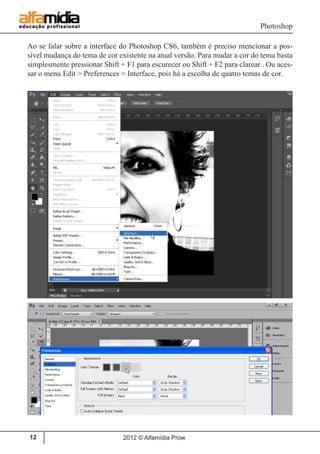 Photoshop
2012 © Alfamídia Prow12
Ao se falar sobre a interface do Photoshop CS6, também é preciso mencionar a pos-
sível mudança do tema de cor existente na atual versão. Para mudar a cor do tema basta
simplesmente pressionar Shift + F1 para escurecer ou Shift + F2 para clarear . Ou aces-
sar o menu Edit > Preferences > Interface, pois há a escolha de quatro temas de cor.
 
