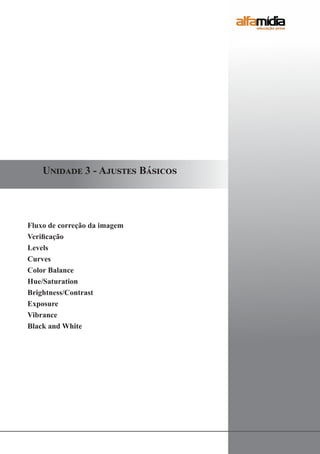 Fluxo de correção da imagem
Verificação
Levels
Curves
Color Balance
Hue/Saturation
Brightness/Contrast
Exposure
Vibrance
Black and White
Unidade 3 - Ajustes Básicos
 