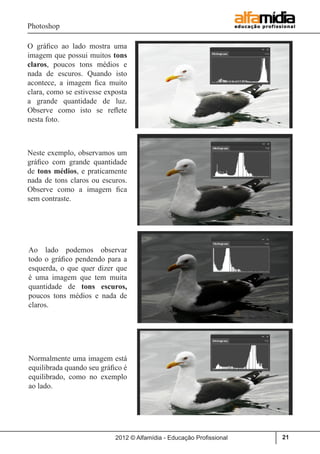 Photoshop
2012 © Alfamídia - Educação Profissional 21
O gráfico ao lado mostra uma
imagem que possui muitos tons
claros, poucos tons médios e
nada de escuros. Quando isto
acontece, a imagem fica muito
clara, como se estivesse exposta
a grande quantidade de luz.
Observe como isto se reflete
nesta foto.
Neste exemplo, observamos um
gráfico com grande quantidade
de tons médios, e praticamente
nada de tons claros ou escuros.
Observe como a imagem fica
sem contraste.
Ao lado podemos observar
todo o gráfico pendendo para a
esquerda, o que quer dizer que
é uma imagem que tem muita
quantidade de tons escuros,
poucos tons médios e nada de
claros.
Normalmente uma imagem está
equilibrada quando seu gráfico é
equilibrado, como no exemplo
ao lado.
 