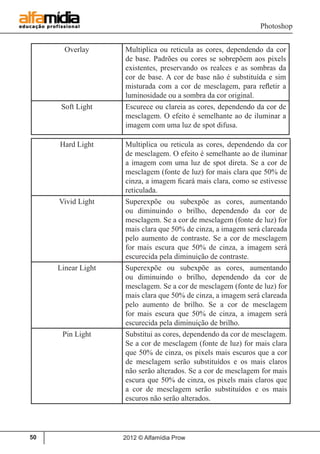 Photoshop
2012 © Alfamídia Prow50
Overlay Multiplica ou reticula as cores, dependendo da cor
de base. Padrões ou cores se sobrepõem aos pixels
existentes, preservando os realces e as sombras da
cor de base. A cor de base não é substituída e sim
misturada com a cor de mesclagem, para refletir a
luminosidade ou a sombra da cor original.
Soft Light Escurece ou clareia as cores, dependendo da cor de
mesclagem. O efeito é semelhante ao de iluminar a
imagem com uma luz de spot difusa.
Hard Light Multiplica ou reticula as cores, dependendo da cor
de mesclagem. O efeito é semelhante ao de iluminar
a imagem com uma luz de spot direta. Se a cor de
mesclagem (fonte de luz) for mais clara que 50% de
cinza, a imagem ficará mais clara, como se estivesse
reticulada.
Vivid Light Superexpõe ou subexpõe as cores, aumentando
ou diminuindo o brilho, dependendo da cor de
mesclagem. Se a cor de mesclagem (fonte de luz) for
mais clara que 50% de cinza, a imagem será clareada
pelo aumento de contraste. Se a cor de mesclagem
for mais escura que 50% de cinza, a imagem será
escurecida pela diminuição de contraste.
Linear Light Superexpõe ou subexpõe as cores, aumentando
ou diminuindo o brilho, dependendo da cor de
mesclagem. Se a cor de mesclagem (fonte de luz) for
mais clara que 50% de cinza, a imagem será clareada
pelo aumento de brilho. Se a cor de mesclagem
for mais escura que 50% de cinza, a imagem será
escurecida pela diminuição de brilho.
Pin Light Substitui as cores, dependendo da cor de mesclagem.
Se a cor de mesclagem (fonte de luz) for mais clara
que 50% de cinza, os pixels mais escuros que a cor
de mesclagem serão substituídos e os mais claros
não serão alterados. Se a cor de mesclagem for mais
escura que 50% de cinza, os pixels mais claros que
a cor de mesclagem serão substituídos e os mais
escuros não serão alterados.
 