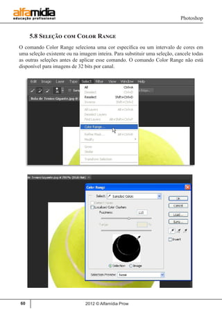 Photoshop
2012 © Alfamídia Prow60
5.8 Seleção com Color Range
O comando Color Range seleciona uma cor específica ou um intervalo de cores em
uma seleção existente ou na imagem inteira. Para substituir uma seleção, cancele todas
as outras seleções antes de aplicar esse comando. O comando Color Range não está
disponível para imagens de 32 bits por canal.
 