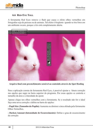 Photoshop
2012 © Alfamídia Prow82
6.6 Red Eye Toll
A ferramenta Red Eyes remove o flash que causa o efeito olhos vermelhos em
fotografias seja de pessoas ou de animais. Tal efeito é freqüente quando se tira fotos em
um ambiente escuro, porque a íris está completamente aberta.
Arquivo final com preenchimento sensível ao conteúdo através da Spot Healing
Para a aplicação correta da ferramenta Red Eyes, é possível ajustar a futura correção
nas opções que sugre na barra superior do programa. Por essas opções se controla o
tamanho da área e a intesidade do ajuste
Apenas clique nos olhos vermelhos com a ferramenta. Se o resultado não for o ideal
faça uma nova correção e defina na barra de opções:
- Pupil Size (Tamanho da Pupila): Aumenta ou diminui a área afetada pela ferramenta
Olhos Vermelhos.
- Darken Amount (Intensidade de Escurecimento): Define o grau de escurecimento
da correção.
 