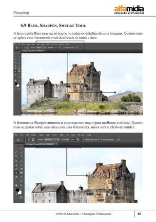 Photoshop
2012 © Alfamídia - Educação Profissional 85
6.9 Blur, Sharpen, Smudge Tool
A ferramenta Burn suaviza os traços ou reduz os detalhes de uma imagem. Quanto mais
se aplica essa ferramenta mais desfocada se torna a área.
A ferramenta Sharpen aumenta o contraste nos traços para melhorar a nitidez. Quanto
mais se pintar sobre uma área com essa ferramenta, maior será o efeito de nitidez.
 
