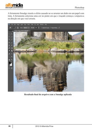 Photoshop
2012 © Alfamídia Prow86
A ferramenta Smudge simula o efeito causado ao se arrastar um dedo em um papel com
tinta. A ferramenta seleciona uma cor no ponto em que o traçado começa e empurra-a
na direção em que você arrasta.
		 Resultado final do arquivo com a Smudge aplicada
 