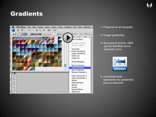 Gradients1- Presionar en el triangulito2- Cargargradientes3- Se busca el archivo .GRD   que se identifica con el    siguienteícono:4- Inmediatamenteaparecerán los gradientesparasuselección