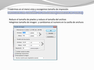 7-habrimos en el menú vista y escogemos tamaño de impresión



 Reduce el tamaño de pixeles y reduce el tamaño del archivo
 •elegimos tamaño de imagen y cambiamos el numero en la casilla de anchura
 