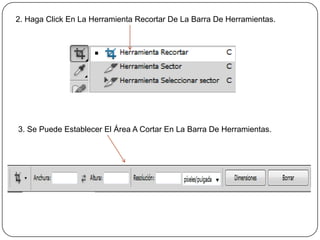 2. Haga Click En La Herramienta Recortar De La Barra De Herramientas.




3. Se Puede Establecer El Área A Cortar En La Barra De Herramientas.
 